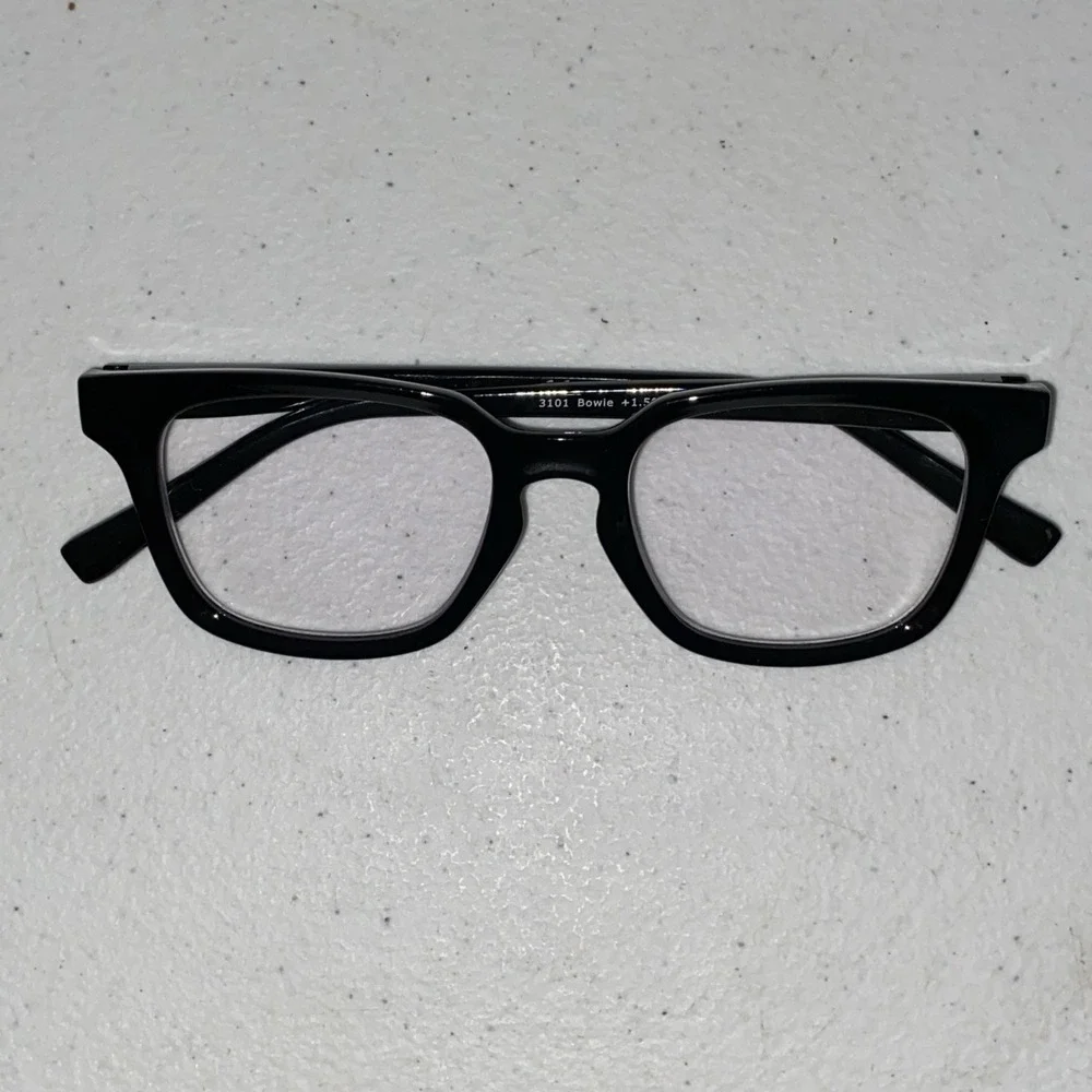 Peepers Reading Glasses +1.50 Blue Light Block Solid Black Classic Square Bowie
